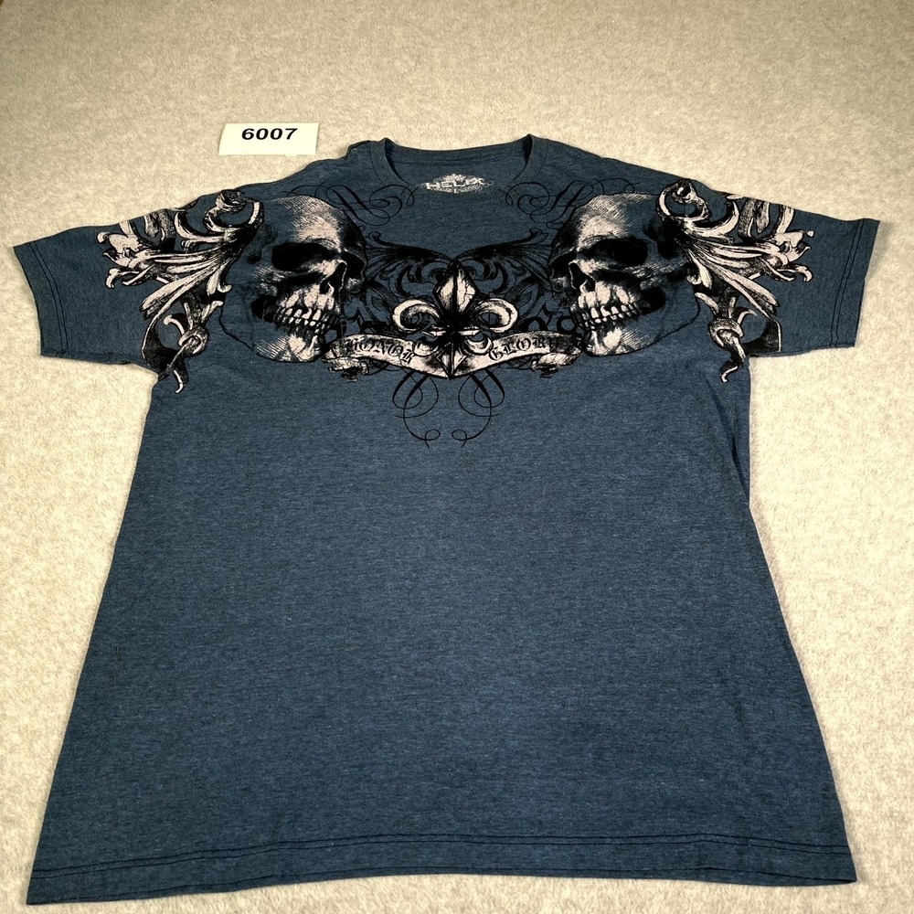 Helix T Shirt Mens L Blue Cotton Skulls Honor Glory Y2K Gothic Graphic Crew Neck
